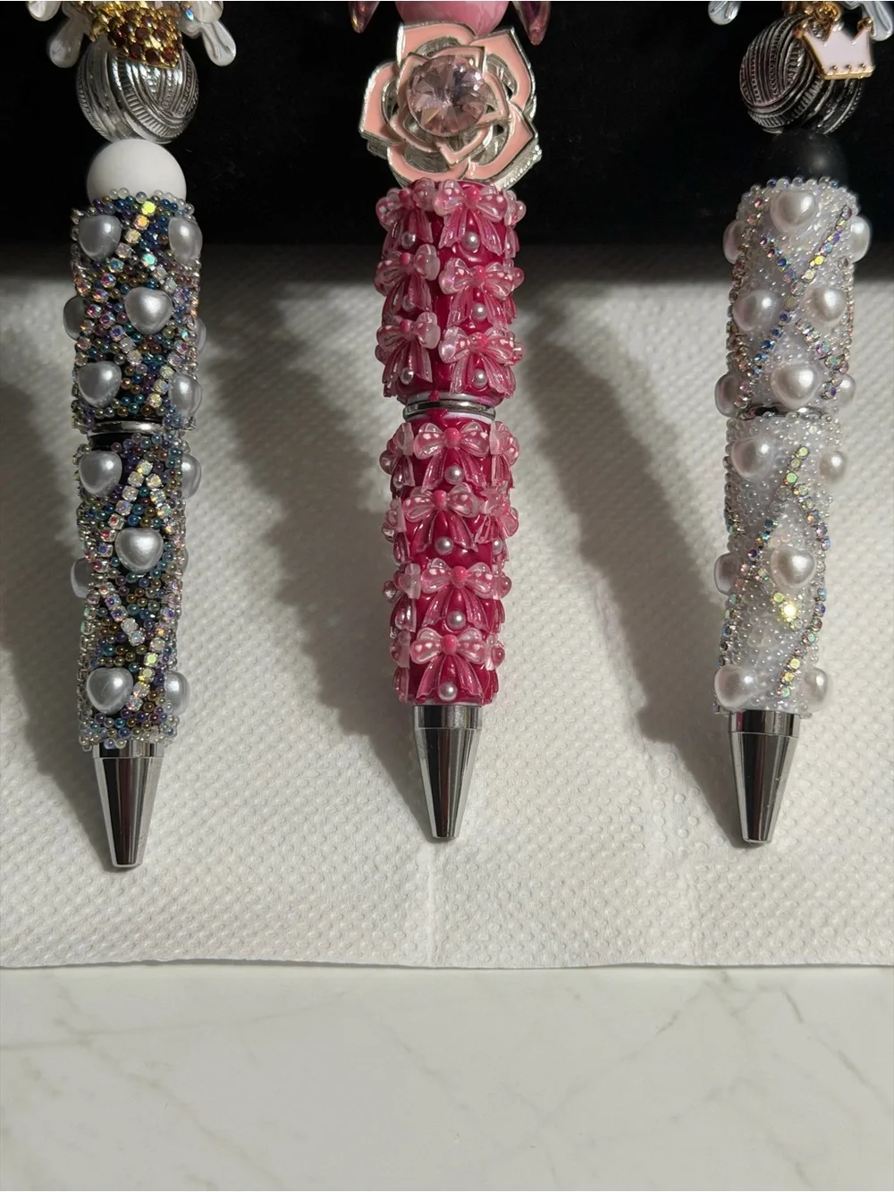 Pink Black and Silver Crystal-Embellished Ballpoint pens with small charm